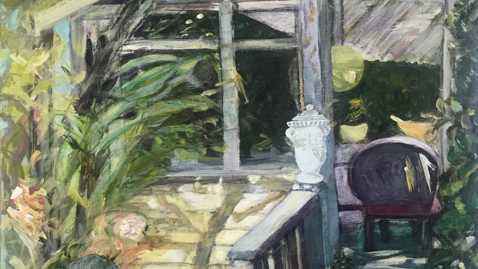 "Porch Haven I".  Opening in January at the Rogue Gallery A group show by 7 artists of work done at the Baldesarre Italio Garden in Medford