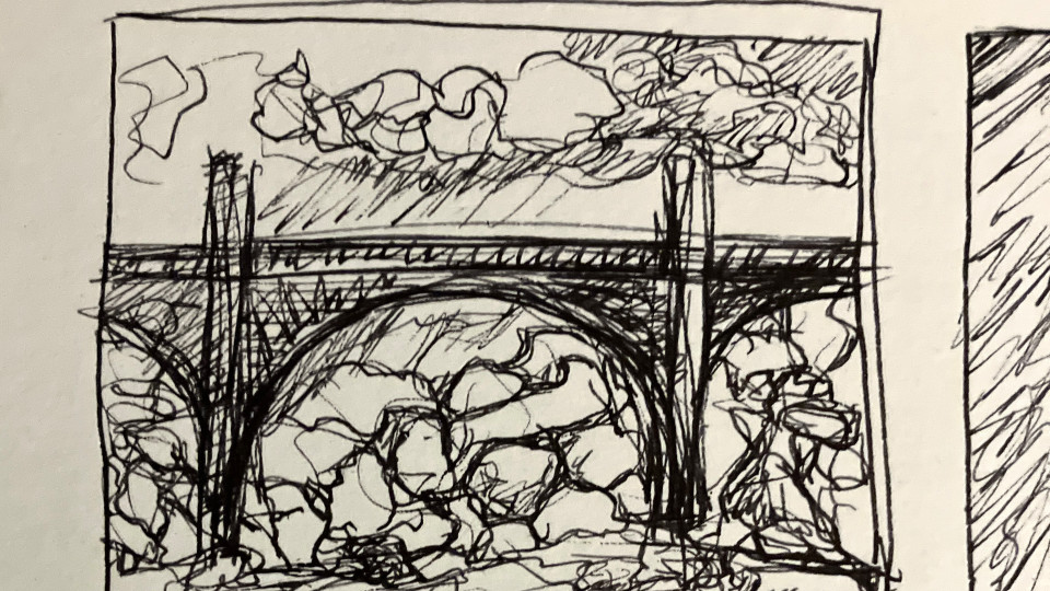 1016- Drawing for “Bridge Over” drawn as part of my nightly TV drawing time with pen and ink on paper. 