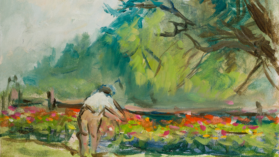 SOLD: Woman Tending Zinnias