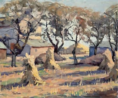 Corn Shocks with long shadows by Tunis Ponsen, Image 1.