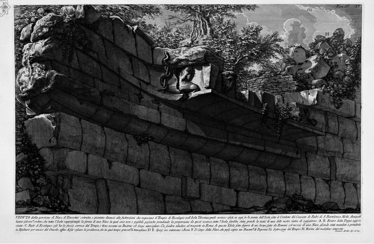 Veduta della porzione di Nave in Travertini, costruita e piantata dinanzi alle sustruzioni che regevano il Tempio di Esculapio nell'Isola Tiberina by Giovanni Battista Piranesi 