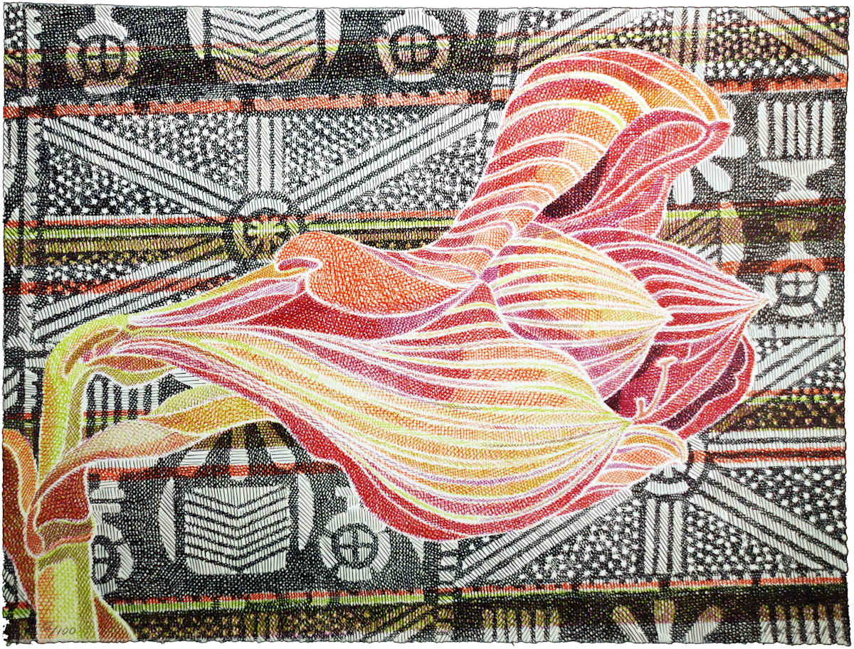Amaryllis on Adire Cloth by Laura Grosch, Image 1.