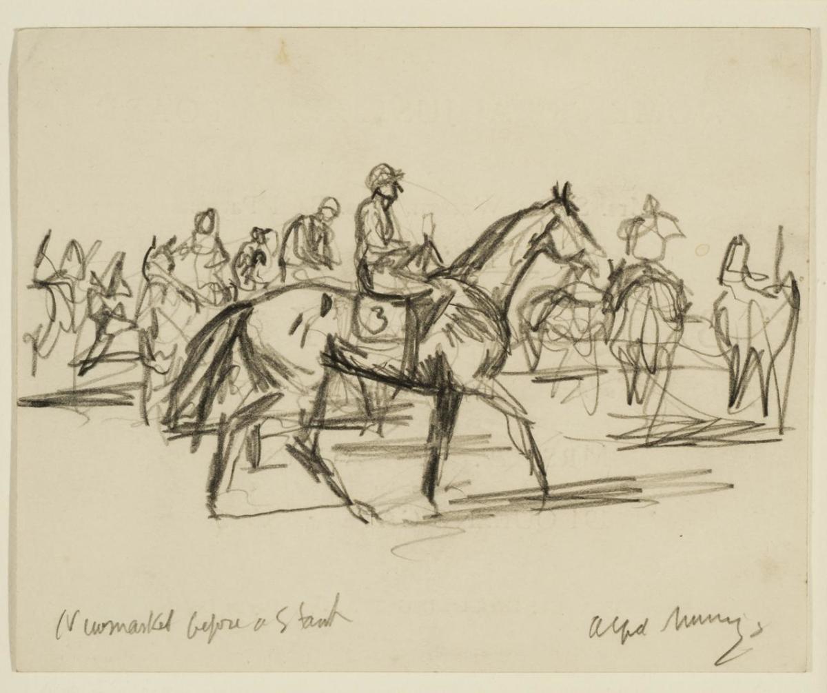 'Newmarket before a Start' & 'Waiting for the Starter, Newmarket' (A PAIR) by Sir Alfred J. Munnings 