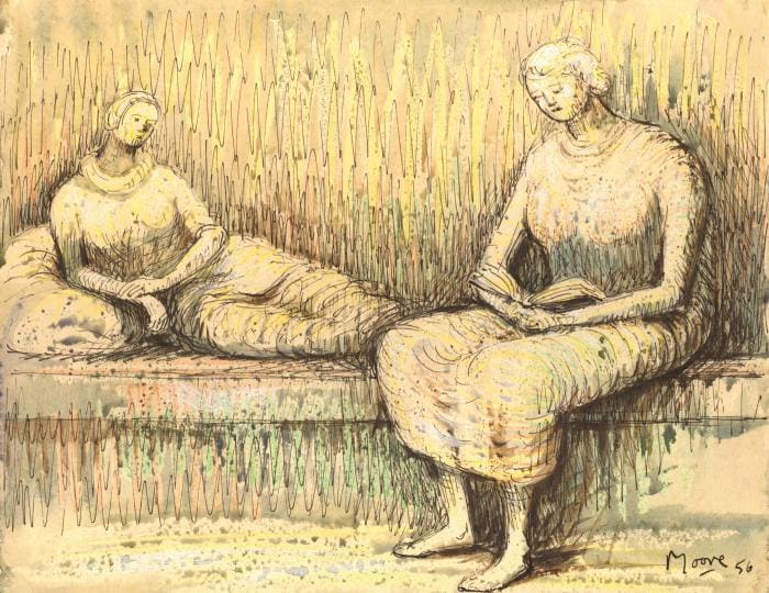 Reclining Figure and Seated Woman Reading by Henry Moore, Image 1.