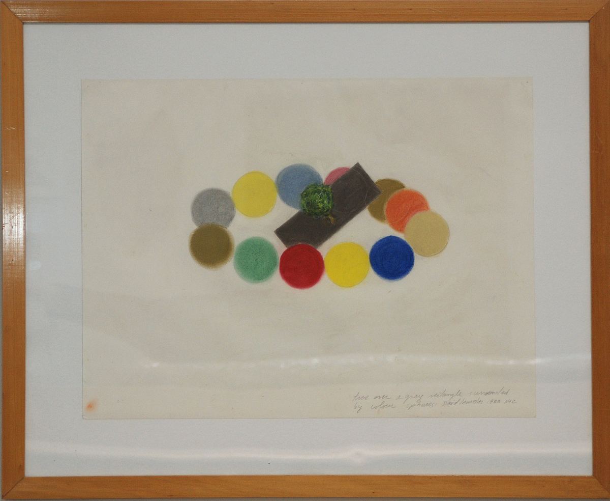 Tree Over Gray Rectangle Surrounded by Colour Spheres by David Lamelas, Image 1.