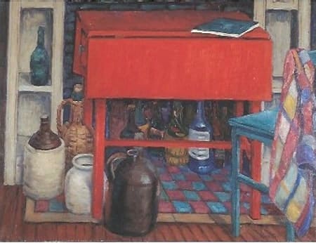 Red Drop Leaf Table with bottles, ca. 1950s by Tunis Ponsen, Image 1.