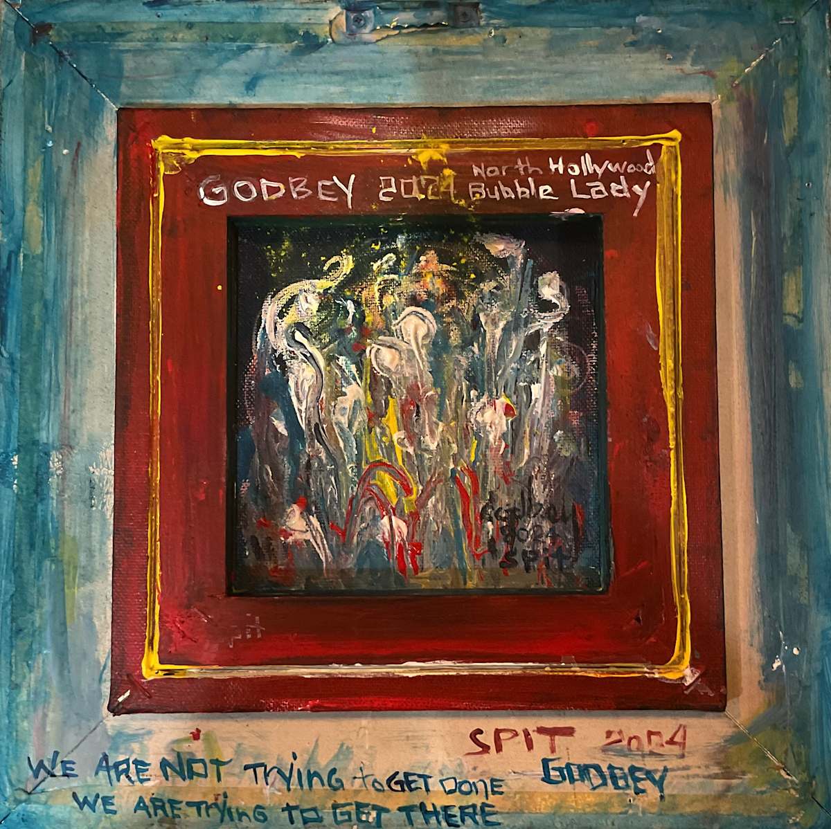 Spit by Matthew Godbey  Image: When I’m blocked or overwhelmed with a piece, I’ll turn it over and paint on the back of the canvas. In order to free my mind, it’s usually a straight abstract style. This helps loosen me up.