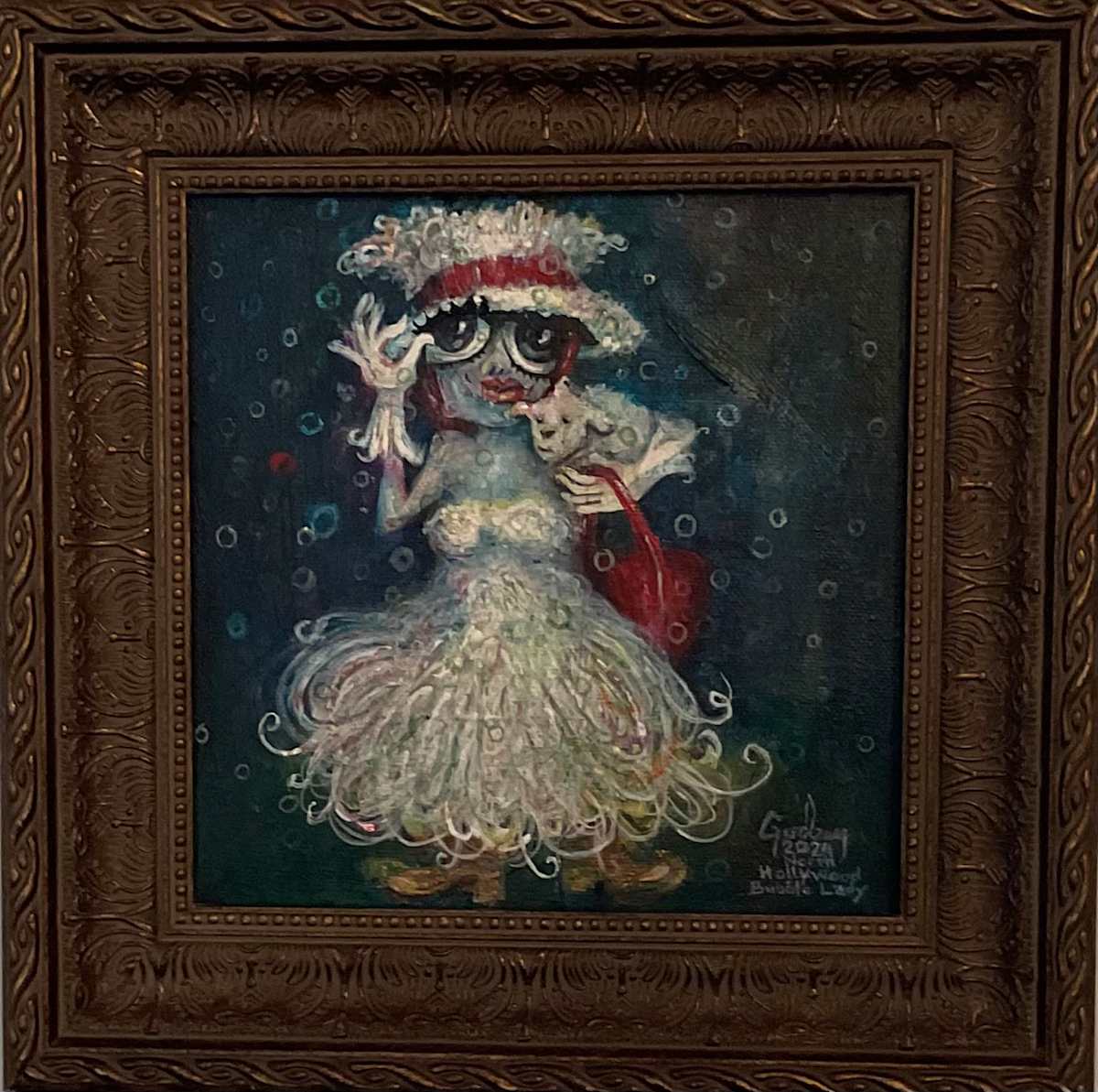 North Hollywood Bubble Lady by Matthew Godbey  Image: I was fortunate enough to run into this incredible older lady in my neighborhood ( North Hollywood ) who for a few hours and ONLY on Saturday and ( love it ) with a BUBBLE MACHINE promotes a second hand thrift store. This lady TOTALLY artistically inspired me. So after explaining I was an artist/painter I asked if she minded if I photographed her for a future painting. She was gracious enough to oblige, but asked if I could be kind in the representation. I kept this in mind while working on the piece over the weekend and decided to imagine her 50 years ago. I think we all would appreciate the same. Here is the result. 