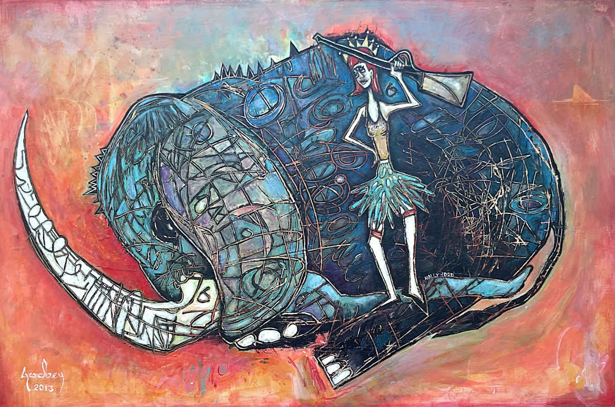 Chicky Beats Hollywood by Matthew Godbey  Image: My wife had worked in film and tv for over 20 years and tried to move into directing for quite some time. She couldn’t seem to get a shot. Then in 2013 she became a full time television director and I painted this piece to commemorate the achievement.