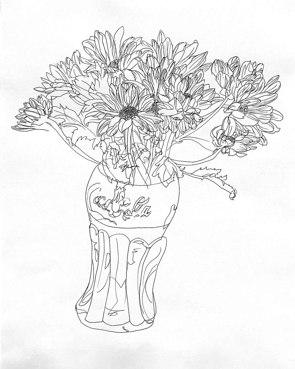 Flowers in a Coke Glass by Ryan Barnes  Image: A blind contour line drawing featuring a bouquet of flowers in a coke glass.