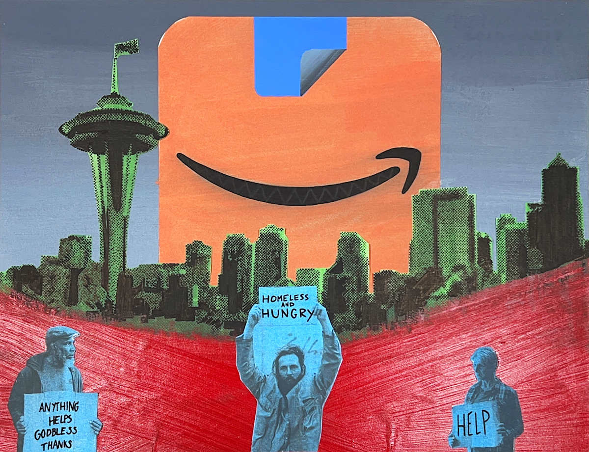 Orphans of the American Dream by Ryan Barnes  Image: Seattleites blocked off from their former home holding signs asking for food and help as the Amazon App looms over Seattle.