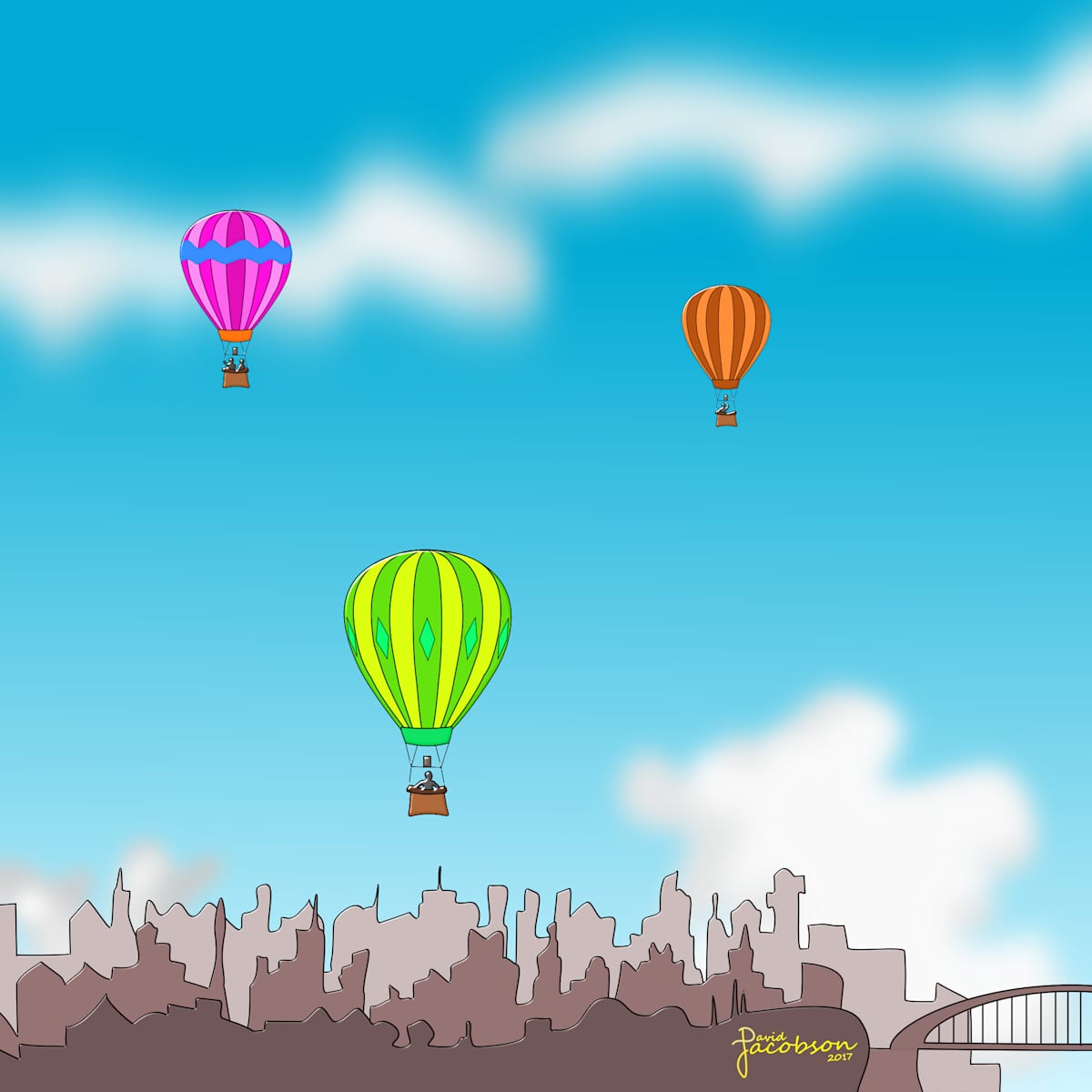 Balloons Over the City by David Jacobson  Image: In this image three colorful hot air balloons approach the skyline of a city.