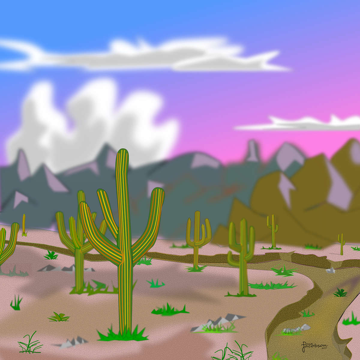 A Desert Scene by David Jacobson  Image: This digital image is a typical desert scene featuring cacti, dry, arid land, an empty riverbed, and mountains in the distant.
