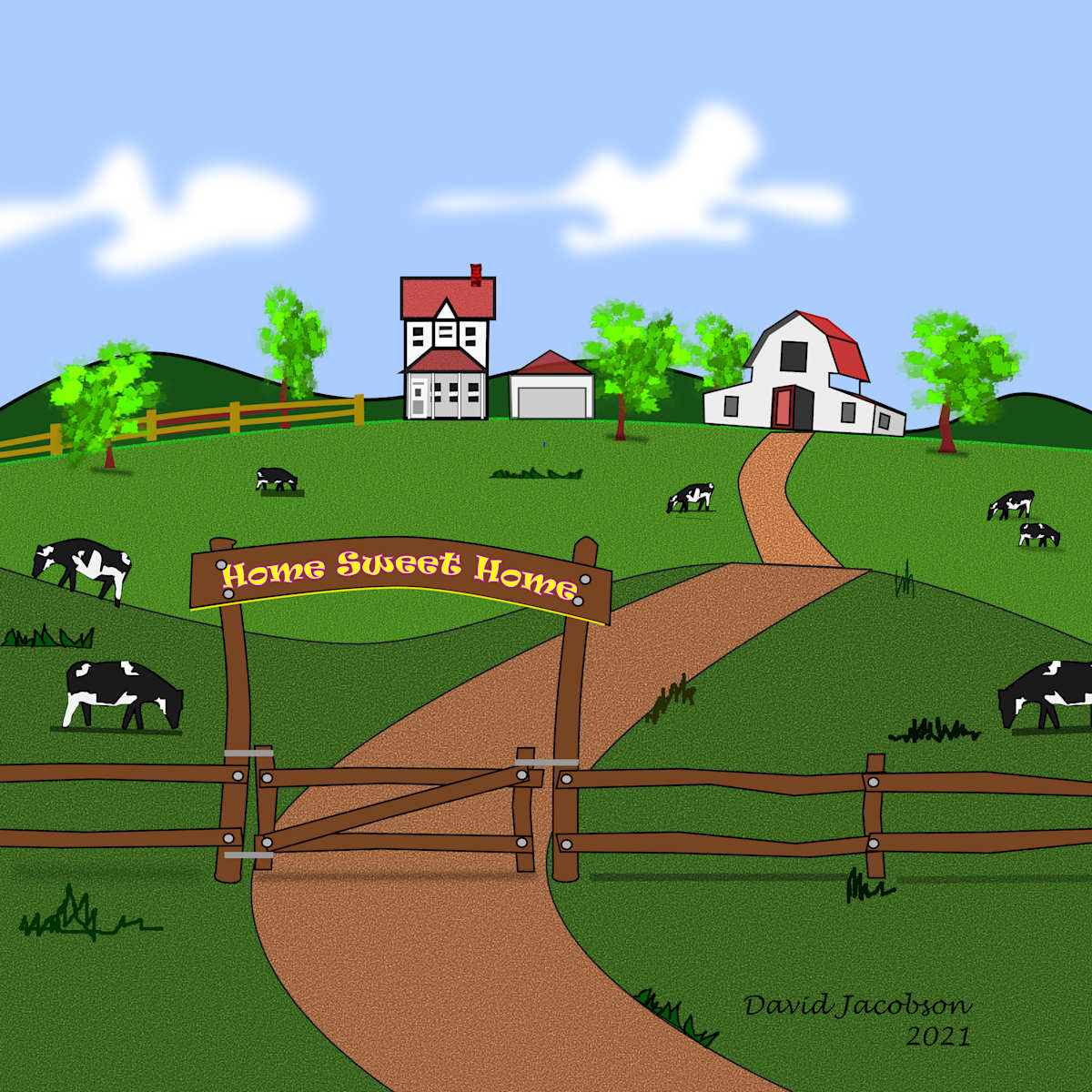 Home Sweet Home by David Jacobson  Image: This pastoral image portrays a farmland with cattle gently grazing.   The gateway sign indicates a happy home and lifestyle.