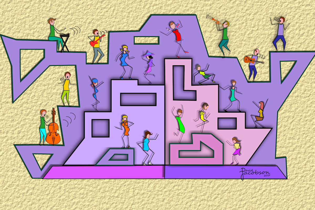 Joy of Music by David Jacobson  Image: This digital print features dancing women and musician men, both expressing the joy of music.