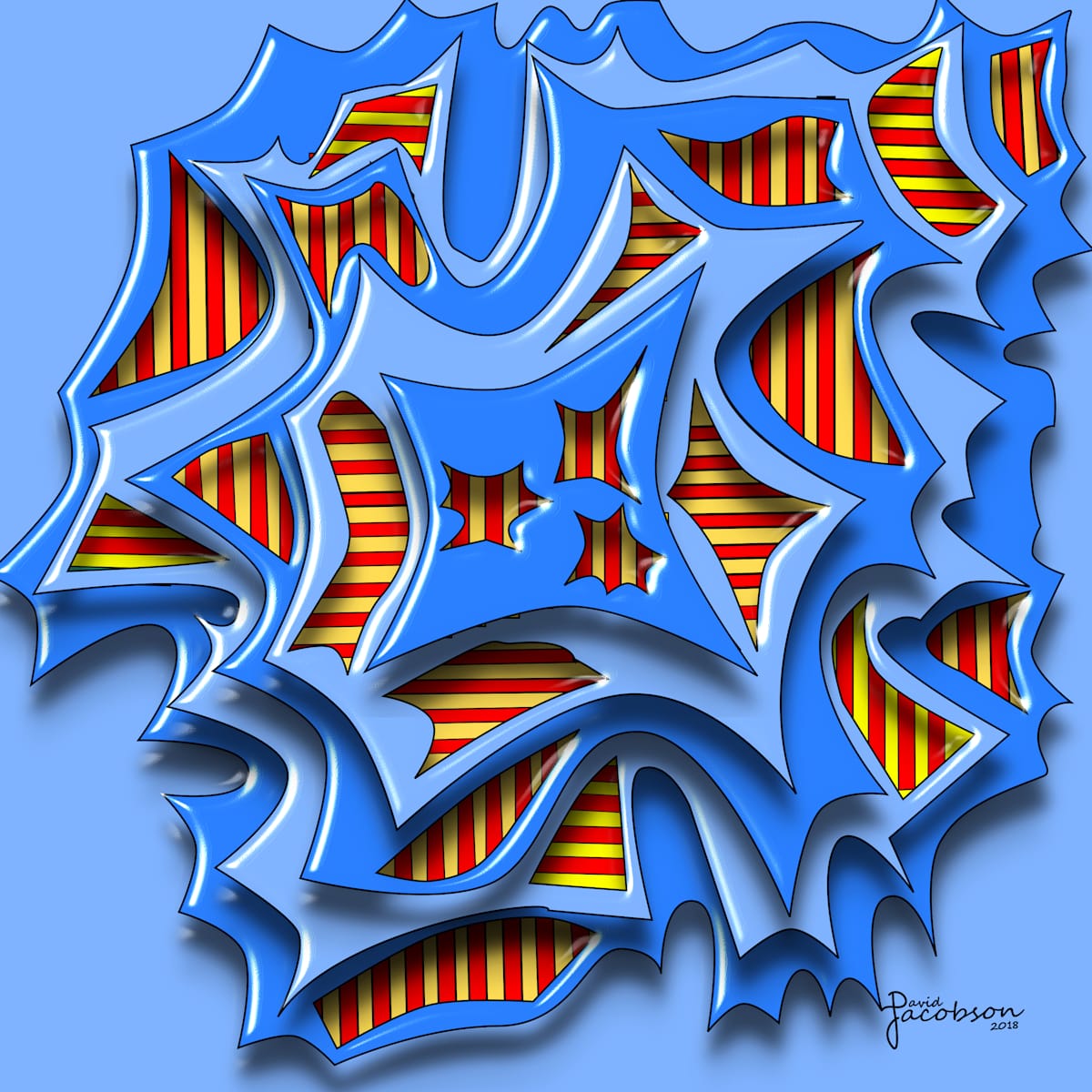 Shapes Thirty-three by David Jacobson  Image: This three-dimensional digital image is an abstraction featuring a blue and white upper surface with various shaped holes and a lower surface of red and yellow stripes.   It is a product of imagination.  