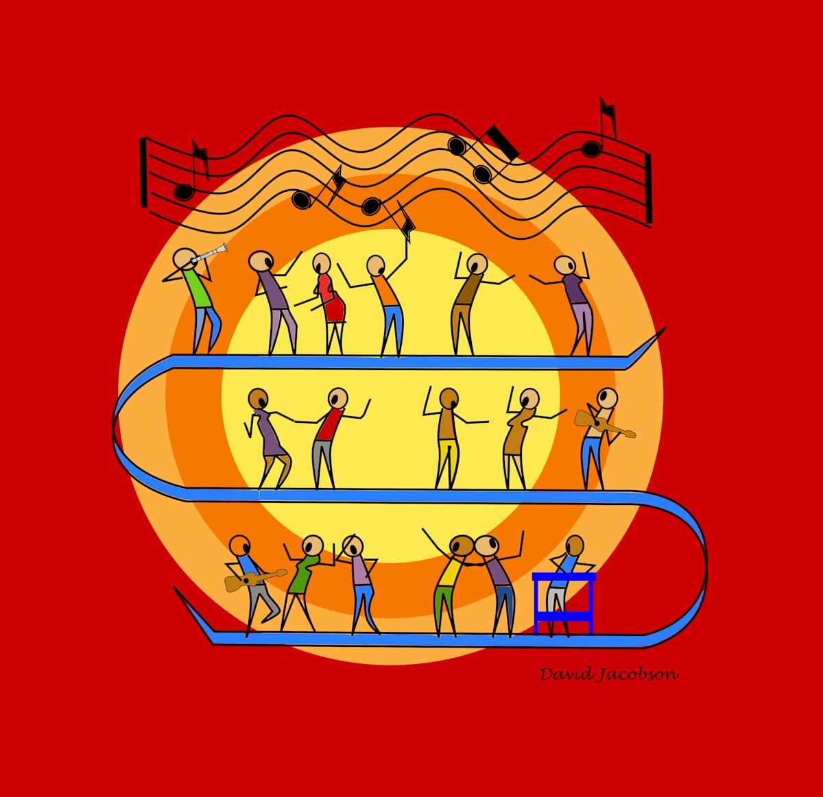 Music Galore by David Jacobson  Image: This image features many singers and musicians having a good time singing and playing.