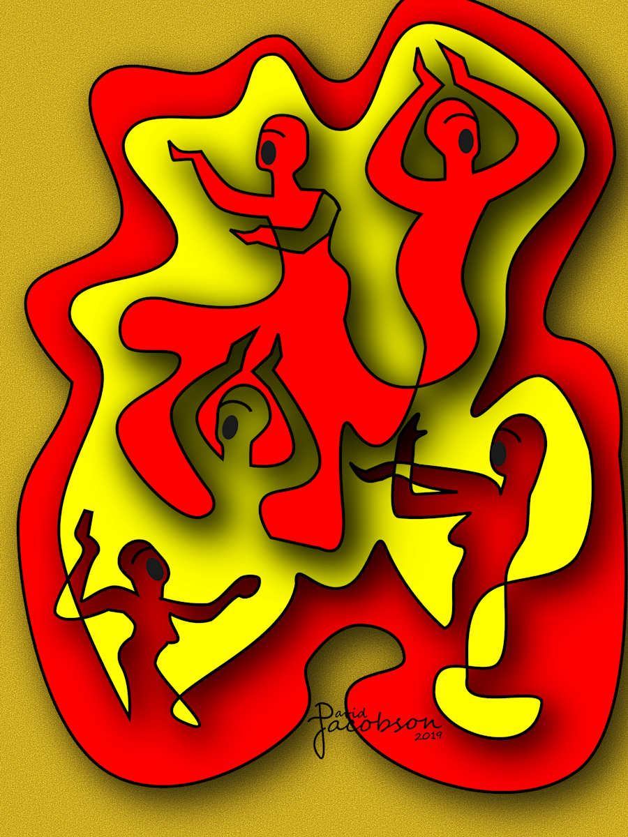 Singers Singing by David Jacobson  Image: A layered cutout vision of a group of singers vigorously singing their song.