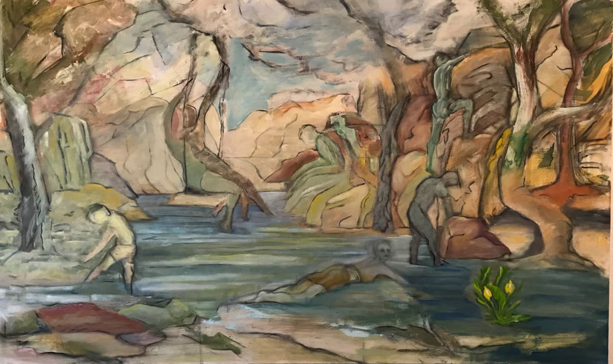 408- Pentimento - Windows in Time — Bathers III /Figures in Landscape 3 by Katy Cauker  Image: “Pentimento” 30" x 60” oil on canvas Now available  through Project Space/ KCGallery6  Talent, Oregon.