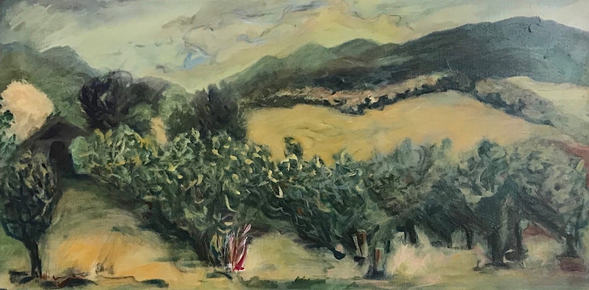 158 - Late Summer Rogue Valley / Orchard - Carpenter Hill Rd. by Katy Cauker  Image: Art ABout Agriculture Touring Exhibition 2022-  #158- Late Summer Orchard showing 