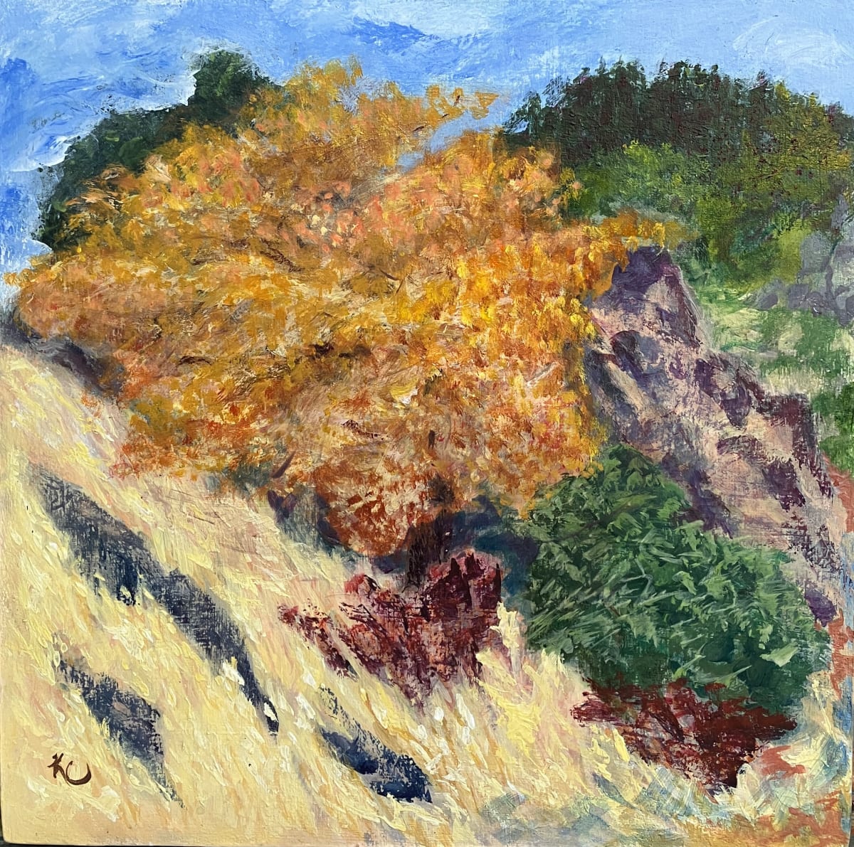 914- Early Fall Color Due to Drought - Above the S. Umpqua by Katy Cauker  Image: Trees under stress turn their leave early and drop them. Stress from the unusual heat and low rain fall accounts for the increased number of trees turning before cold weather.  The tree is ultimately injured by the reduced time frame for having green leaves that provide nourishment.  