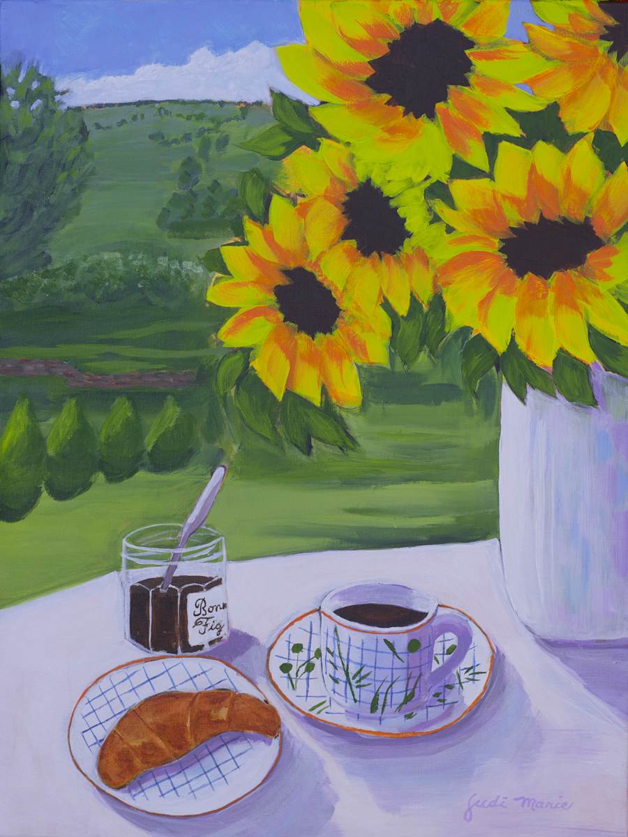Sunflowers Coffee and Croissant on Hermes by Judi Marie 