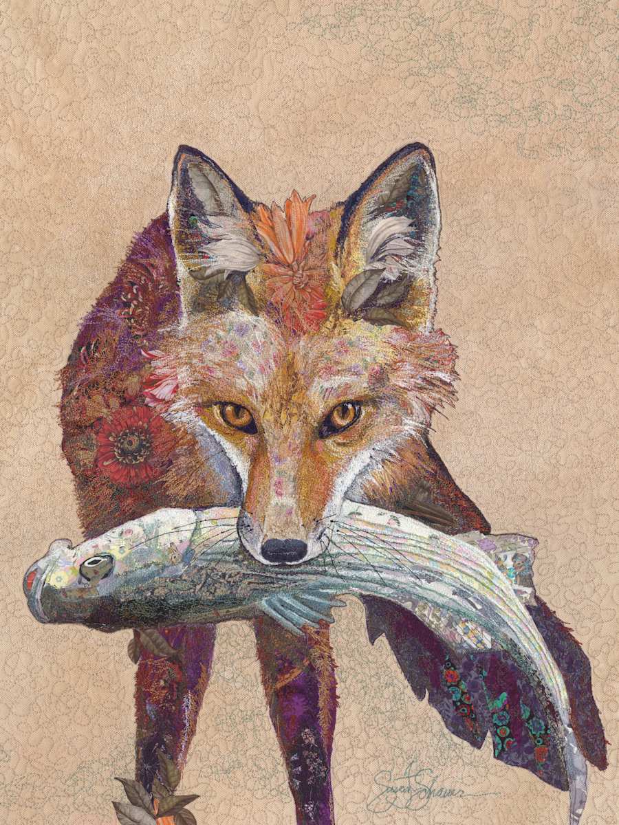 "Caught a Striper!"   Red Fox  (Vulpes vulpes)     (Original photo by Jay Fleming). by Susan Fay Schauer 