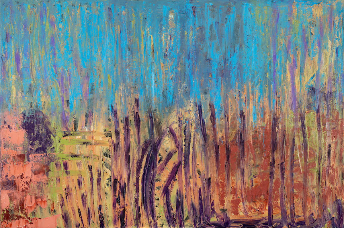 Vertical Drift by Sharon Cannon  Image: Color rains down in slow, deliberate motion.  A forest, a memory, a mirage.