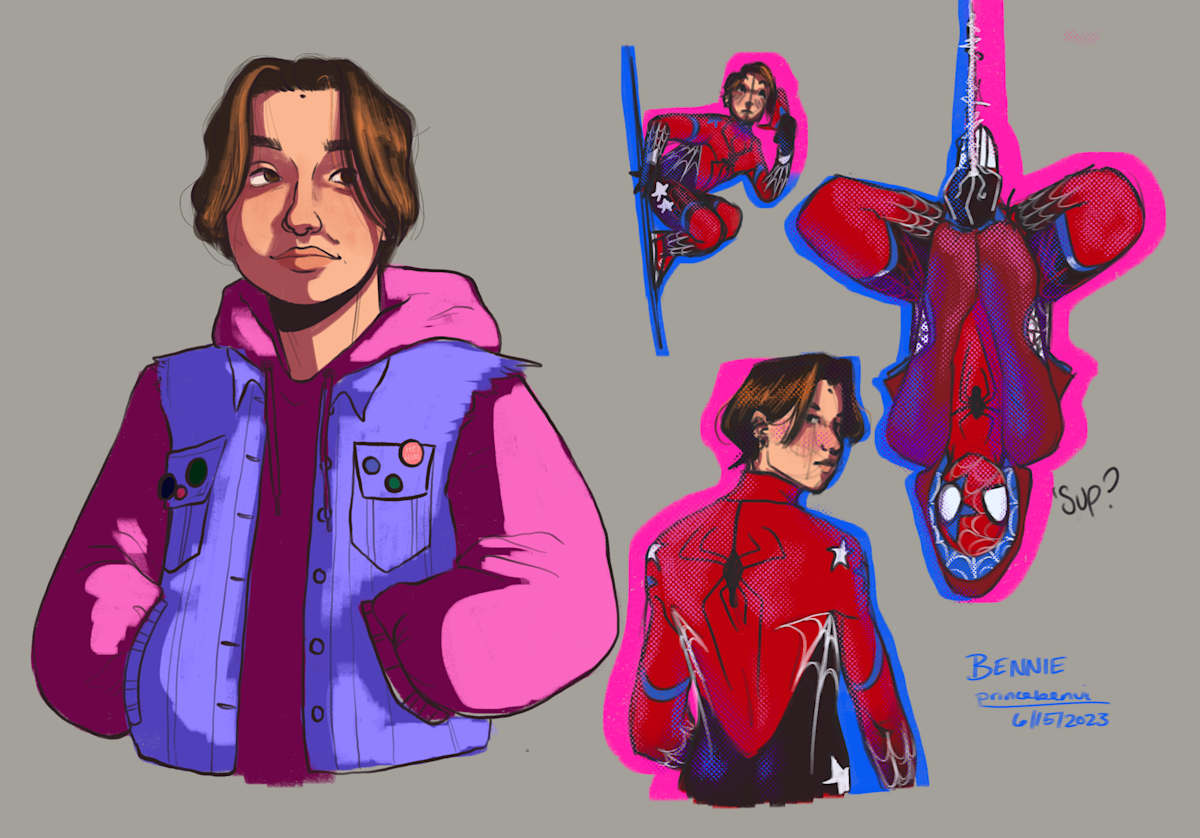 williams, digital illustration, 2023, spidersona character design final by Bennie Williams 