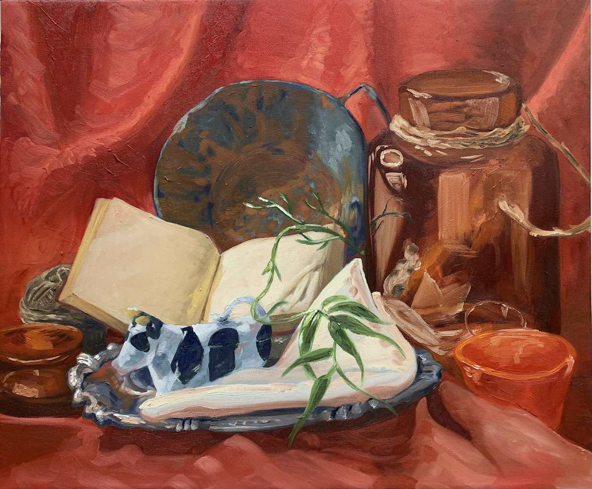 williams, oil painting, 2023, still life with cow by Bennie Williams 