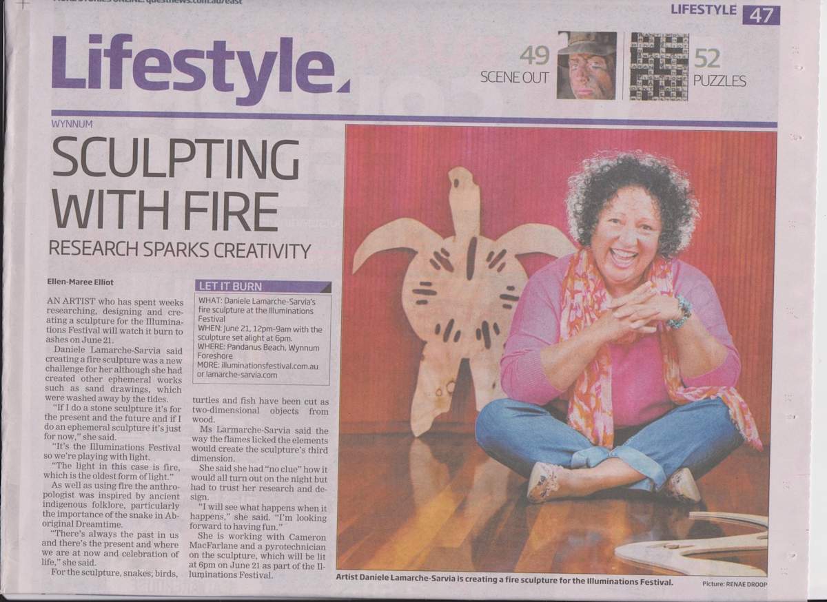 Fire sculpture by Danièle Lamarche-Sarvia neo figurativism, figurative expressionism  painter  Image: First Winter Solstice Festival in Wynnum