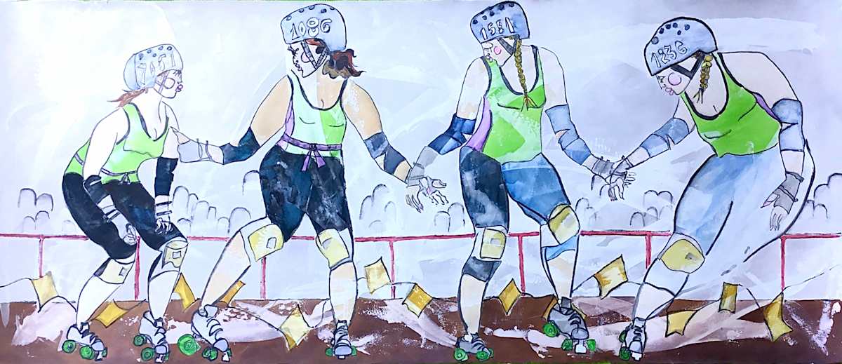 Roller Derby Girls by Figurative expressionist painter Danièle Lamarche-Sarvia  Image: Dynamic and violent bad as ice hockey, Derby is a contact sport for women. The team leader is instructing her partners.