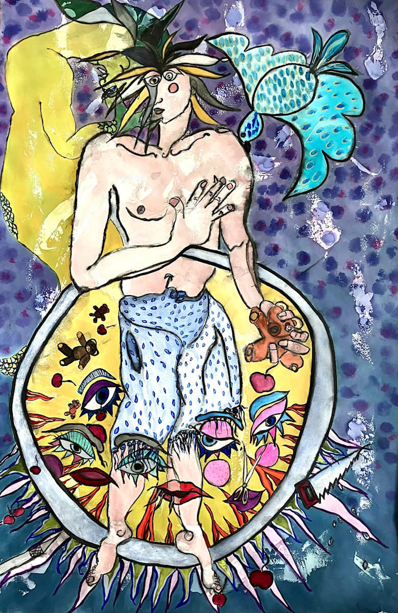 The Circle of Fire by Danièle Lamarche-Sarvia neo figurativism, figurative expressionism  painter  Image: J'ai vécu son besoin de mutilation, sa frustration de ne pas être en mesure de faire ce qu'il voulait faire, sa frustration de ne pas être compris en occurence par moi, la force du dilemme avec lequel il se battait. La conversation dans sa tête était tangible et il y avait ces deux entités , la coupure infligée par la scie sur son avant bras et cou, la violence avec laquelle il a fait vole la scie . Le chien est allé s'asseoir a ses pieds je savais que je ne risquais rien. Finished piece it was along process about 6 weeks. its a large painting 
