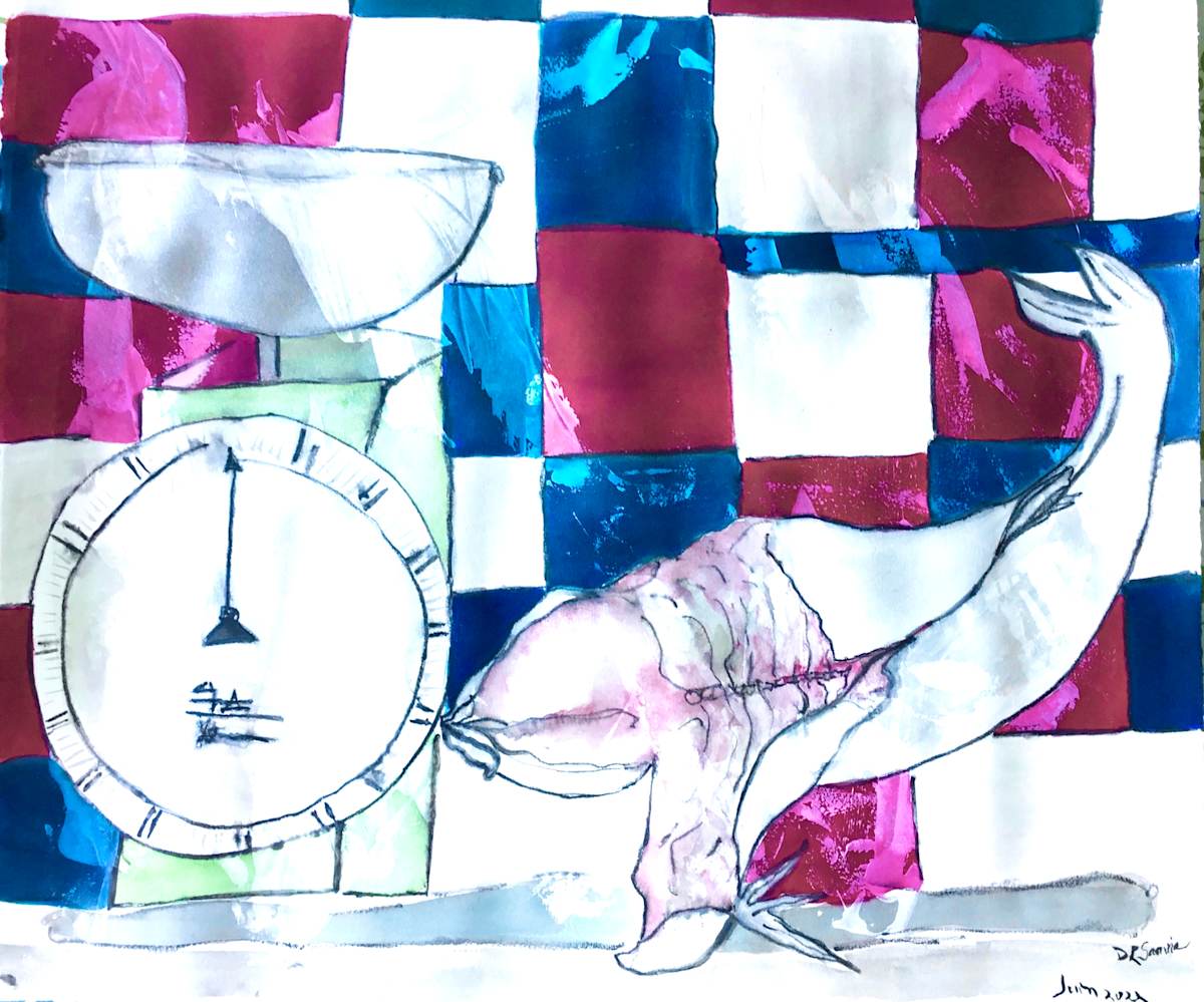 Fish Monger by Figurative expressionist painter Danièle Lamarche-Sarvia  Image: scale, fish and tiles simple efficient 