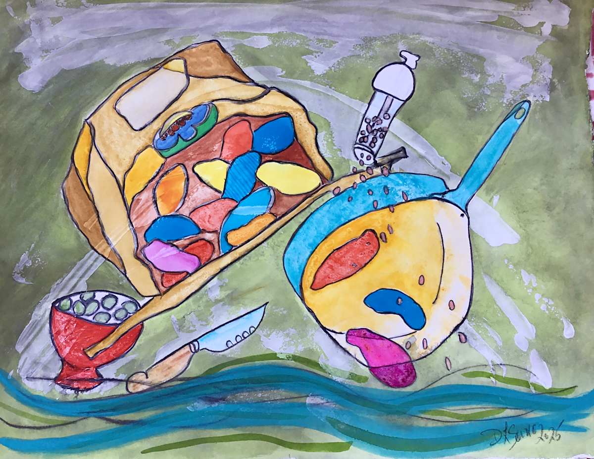 Potatoe Blues by Danièle Lamarche-Sarvia neo figurativism, figurative expressionism  painter  Image: final composition and colours on Arches cotton rag 300gsm watercolour some metallic watercolour paint form Japan only the best for my artworks!