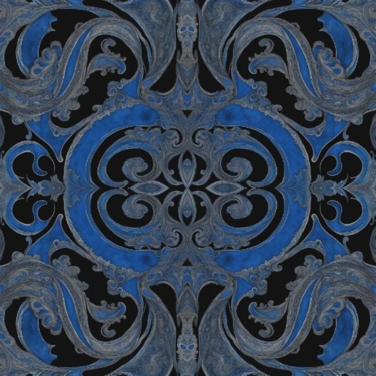 Complexity 242 by the hawk shack -  Trey Hawkins  Image: Intricate swirls of blue and gray form a symmetrical, ornate pattern reminiscent of Victorian design elements. The dark background creates a striking contrast that highlights the elaborate details. 

 