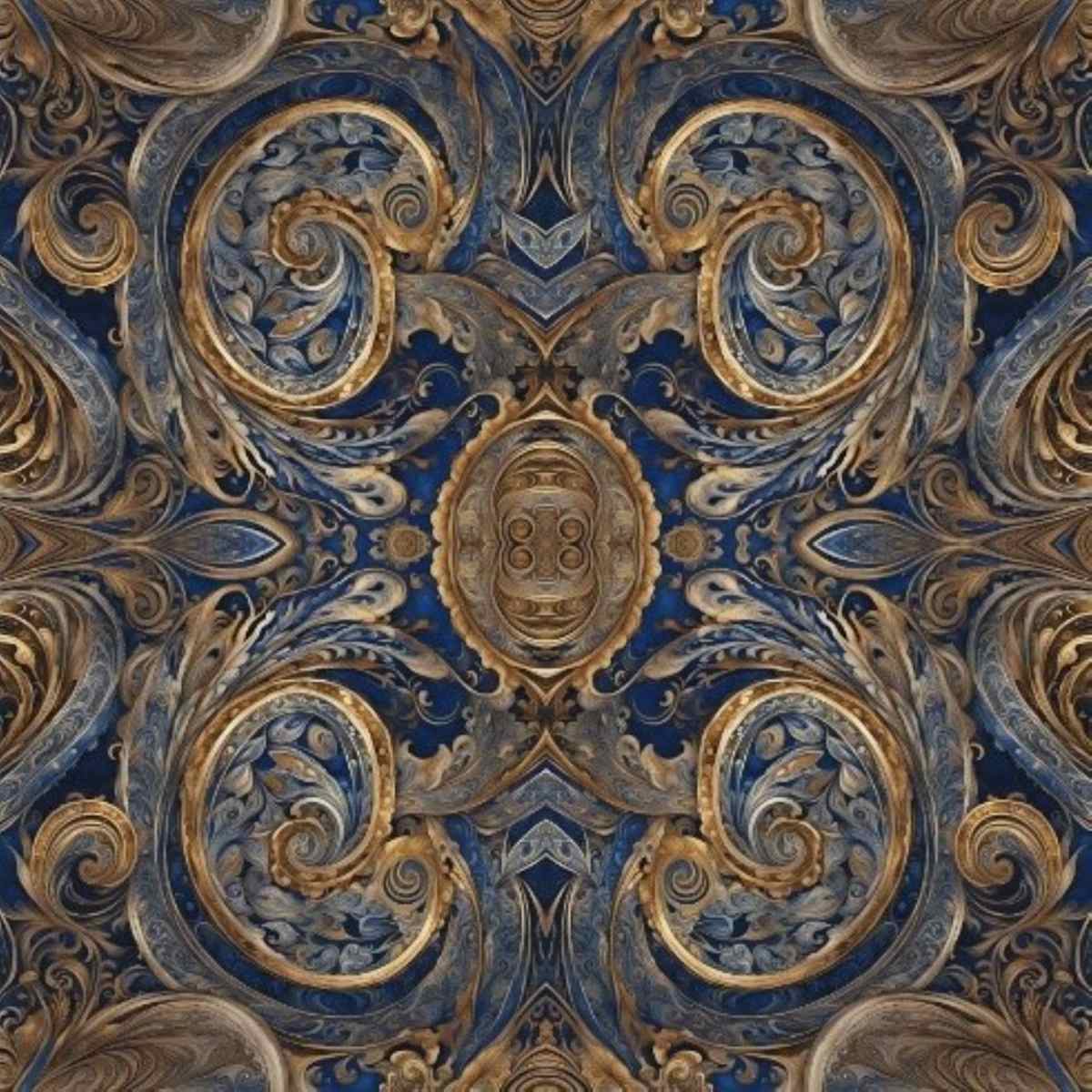 Complexity 256 by the hawk shack -  Trey Hawkins  Image: Intricate golden and blue swirling patterns create a symmetrical, ornate design reminiscent of baroque style. The central motif draws attention, surrounded by elaborate flourishes and curls. 

 