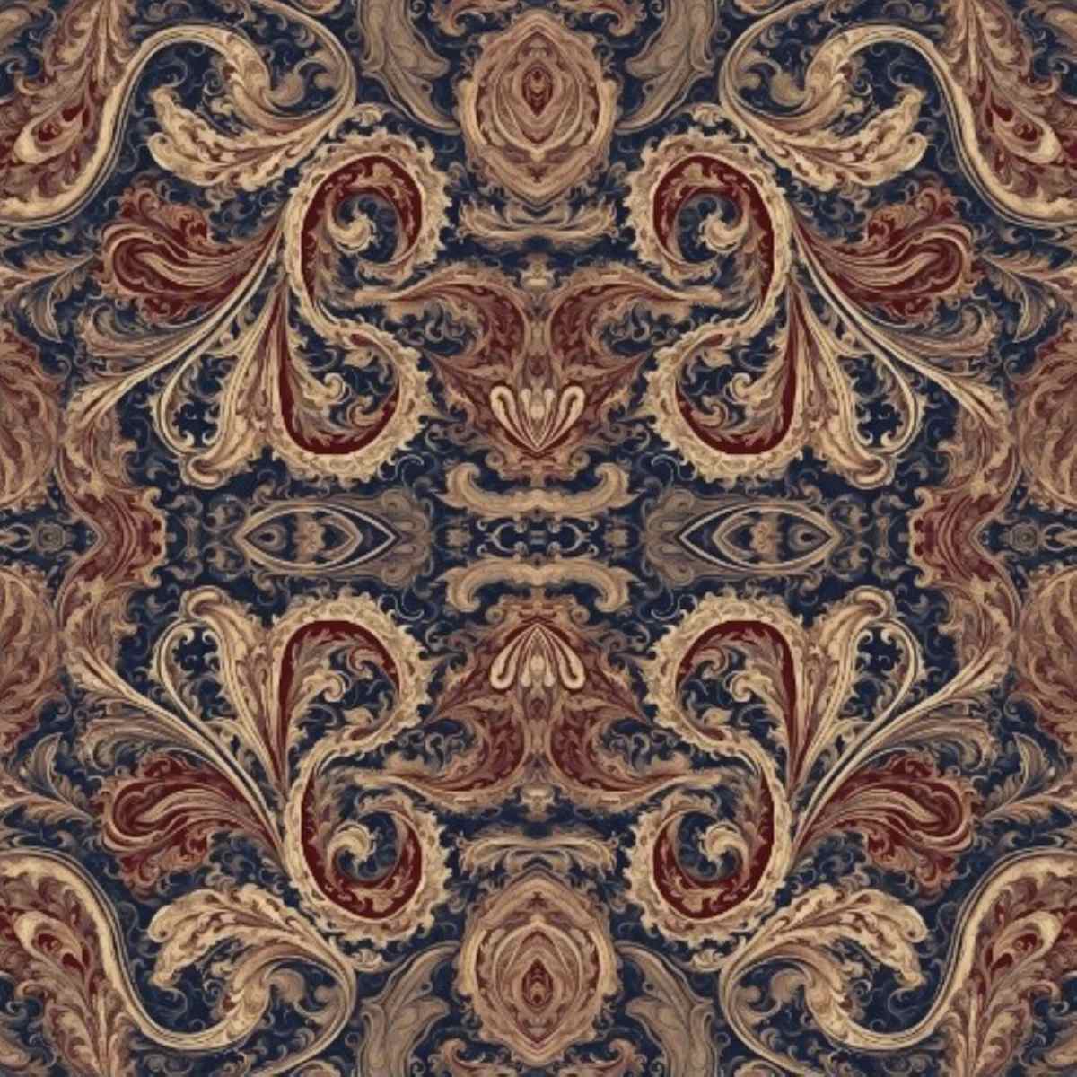 Complexity 296 by the hawk shack -  Trey Hawkins  Image: Intricate patterns with swirling floral motifs dominate the design, using rich earth tones of red, tan, and navy blue. Symmetry and detailed ornamentation create a visually captivating effect. 