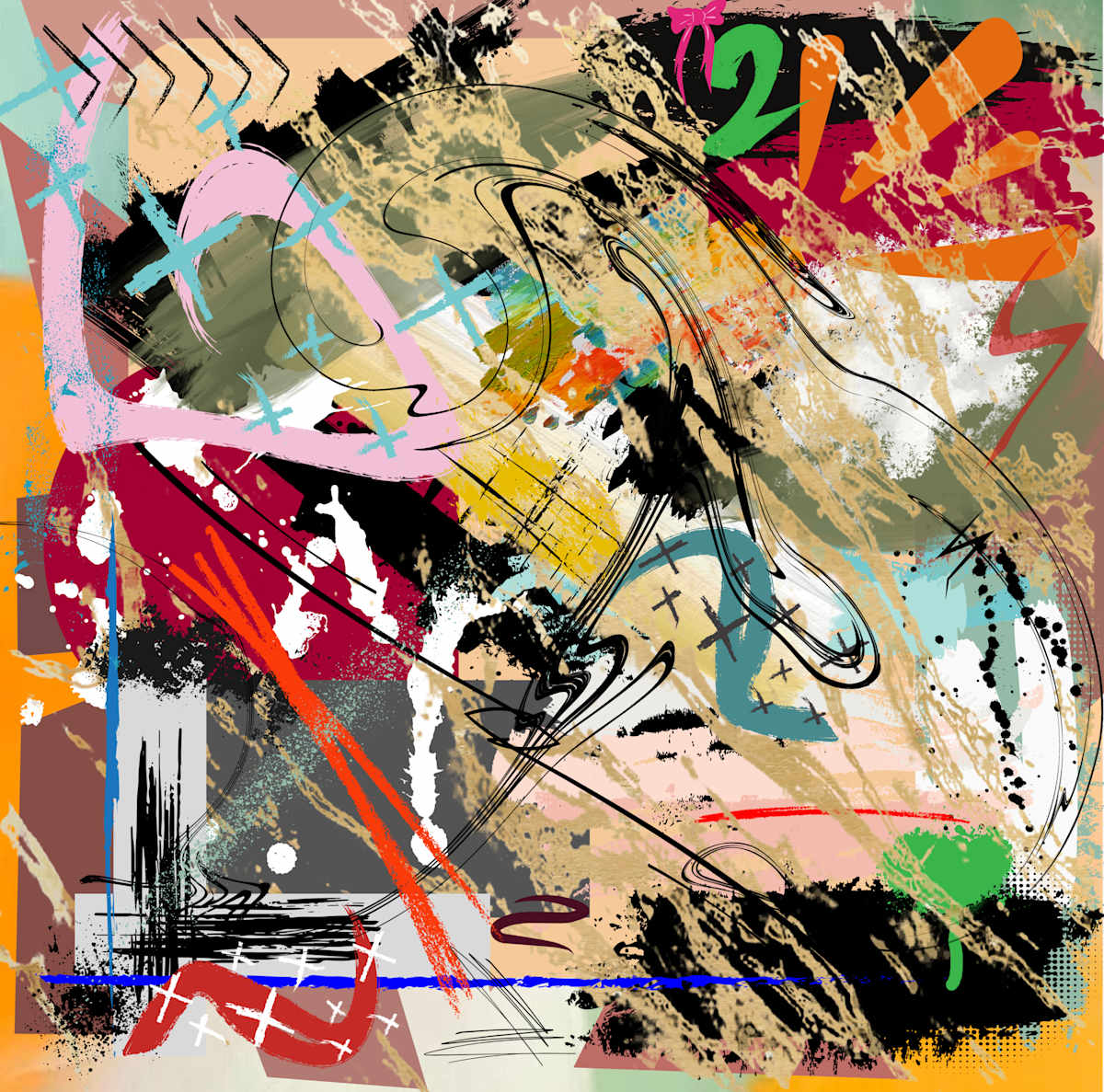 Crazy 2 by the hawk shack -  Trey Hawkins  Image: A vibrant abstract composition filled with dynamic lines, splashes of color, and bold shapes creates a sense of energy and movement. Various elements appear to merge and overlap, creating a chaotic yet intriguing visual experience. 