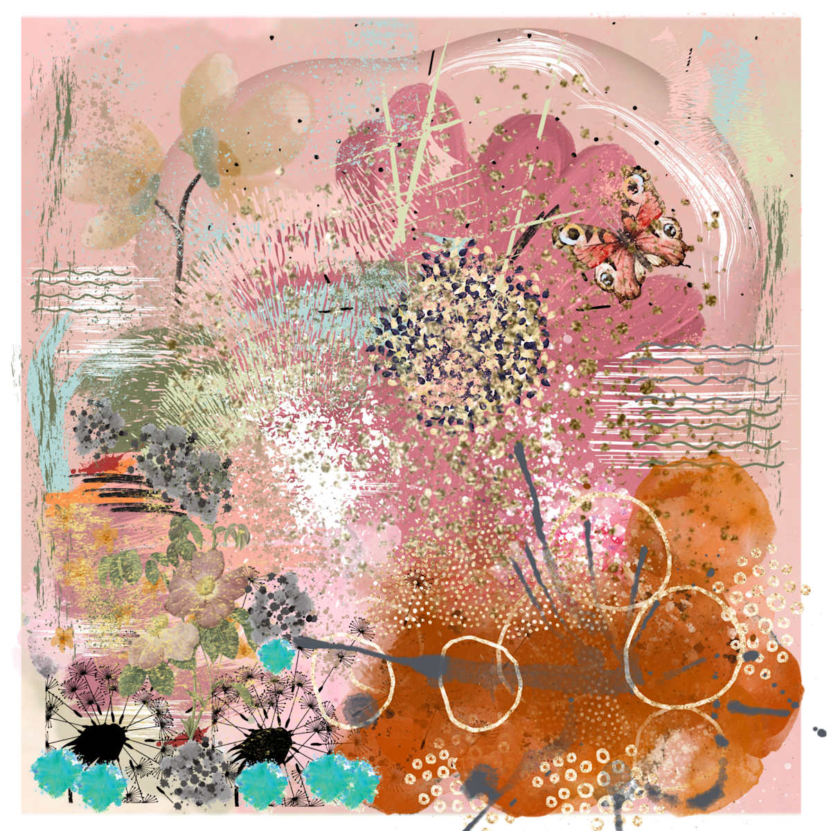 Germination by the hawk shack -  Trey Hawkins  Image: A vibrant and abstract composition features a mix of colors including pink, brown, orange, and teal, with floral elements and a butterfly. Various shapes and lines add dynamic movement to the piece. 

 