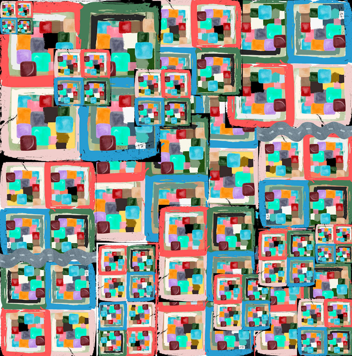 MIle High City by the hawk shack -  Trey Hawkins  Image: Bright, colorful, square patterns are arranged in a grid with intricate details. Each square contains multiple smaller blocks in various vibrant hues. 

 