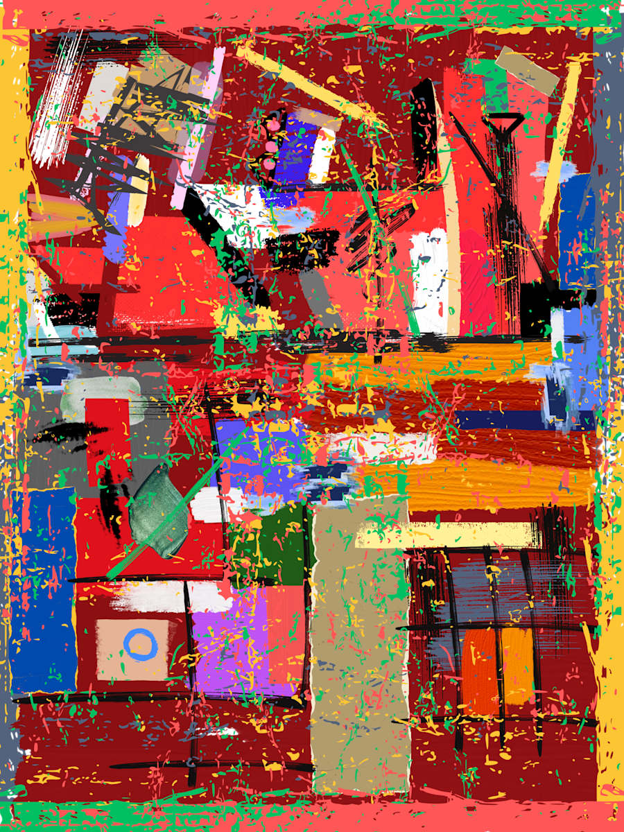My Last MRI by the hawk shack -  Trey Hawkins  Image: Vibrant geometric shapes in bright reds, yellows, and greens create a dynamic and chaotic composition. The piece contrasts sharply against a muted brown background, giving a sense of depth and contrast. 