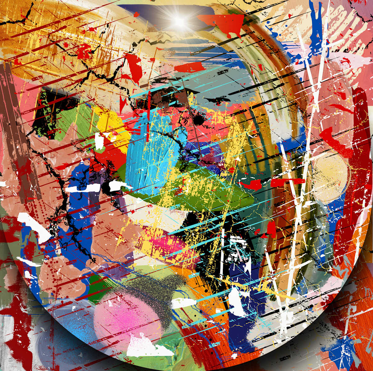 Puzzled by the hawk shack -  Trey Hawkins  Image: A vibrant and chaotic mix of colors, shapes, and lines form an abstract composition. The circular frame in the center appears to contain the dense and energetic explosion of hues, giving it a sense of depth and motion. 

 