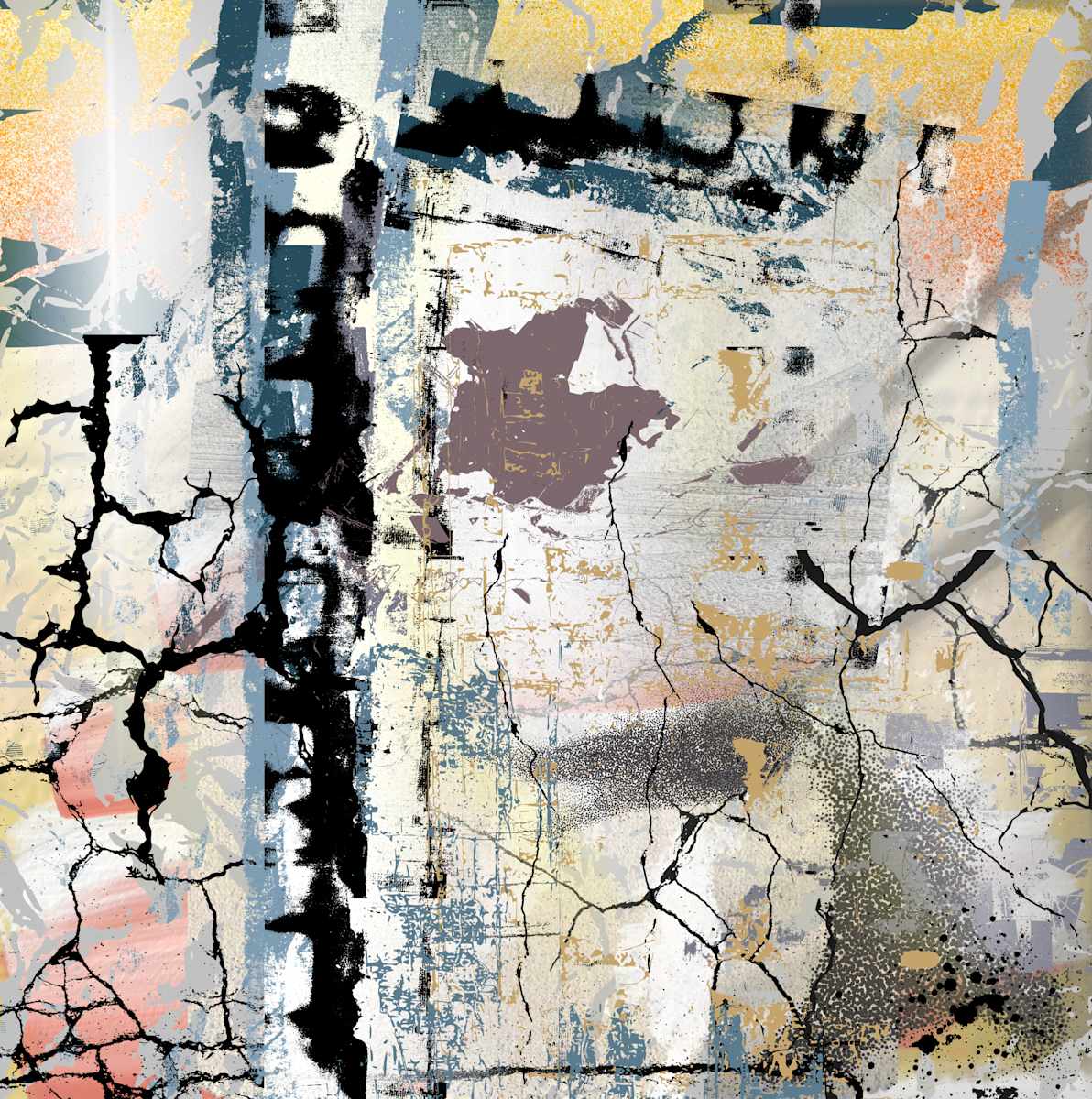 The Cliffs by the hawk shack -  Trey Hawkins  Image: An abstract composition features a collage of cracked surfaces and various colors, fragmented and weathered appearance gives it a distressed and aged look. 