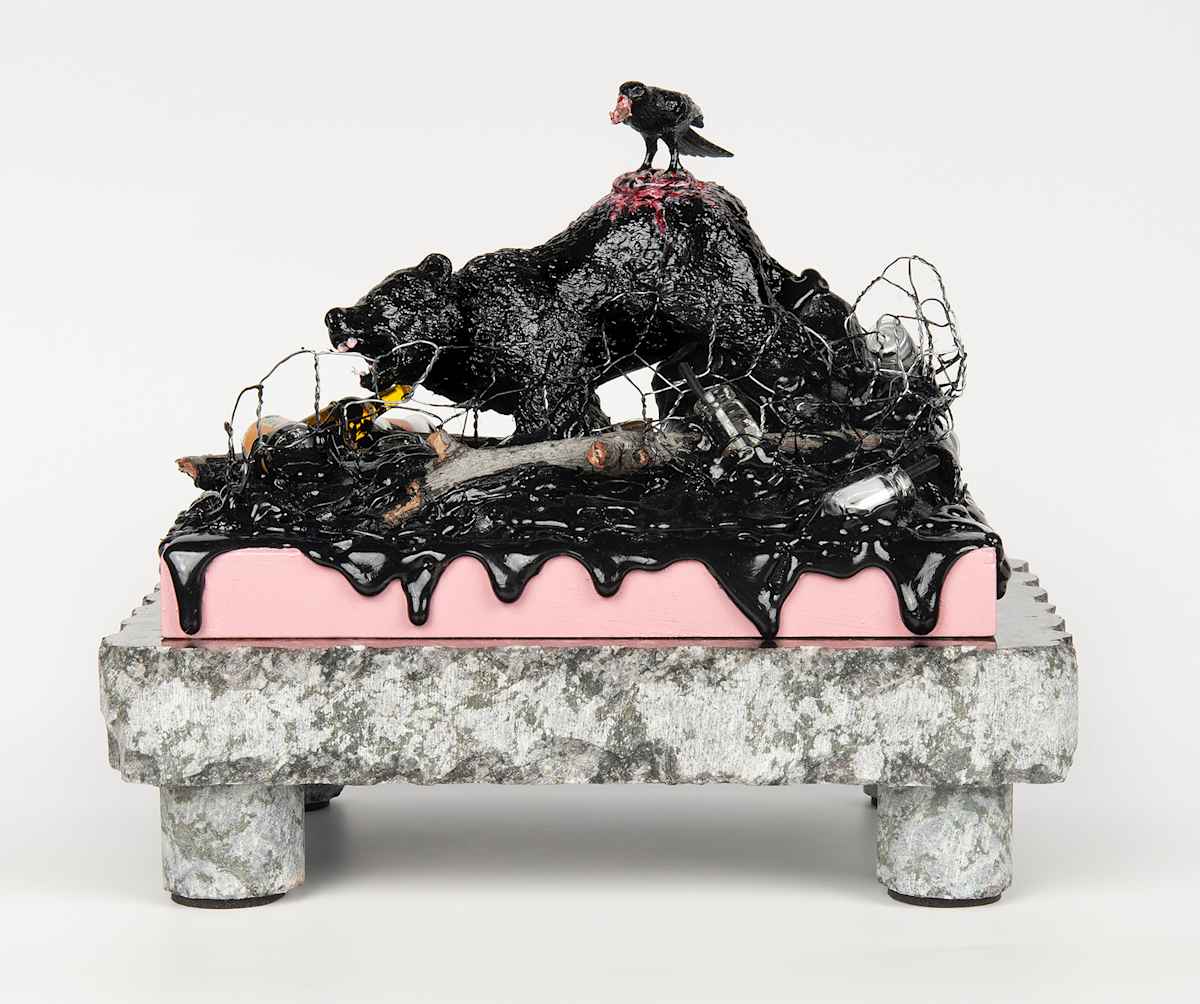 Tar Pits III: Bear. by Lynette K Henderson  Image: Tar Pits III: Bear. Wood, paper clay, granite, glue, wire, found objects, acrylic; 9" x 6" x 7", 2024