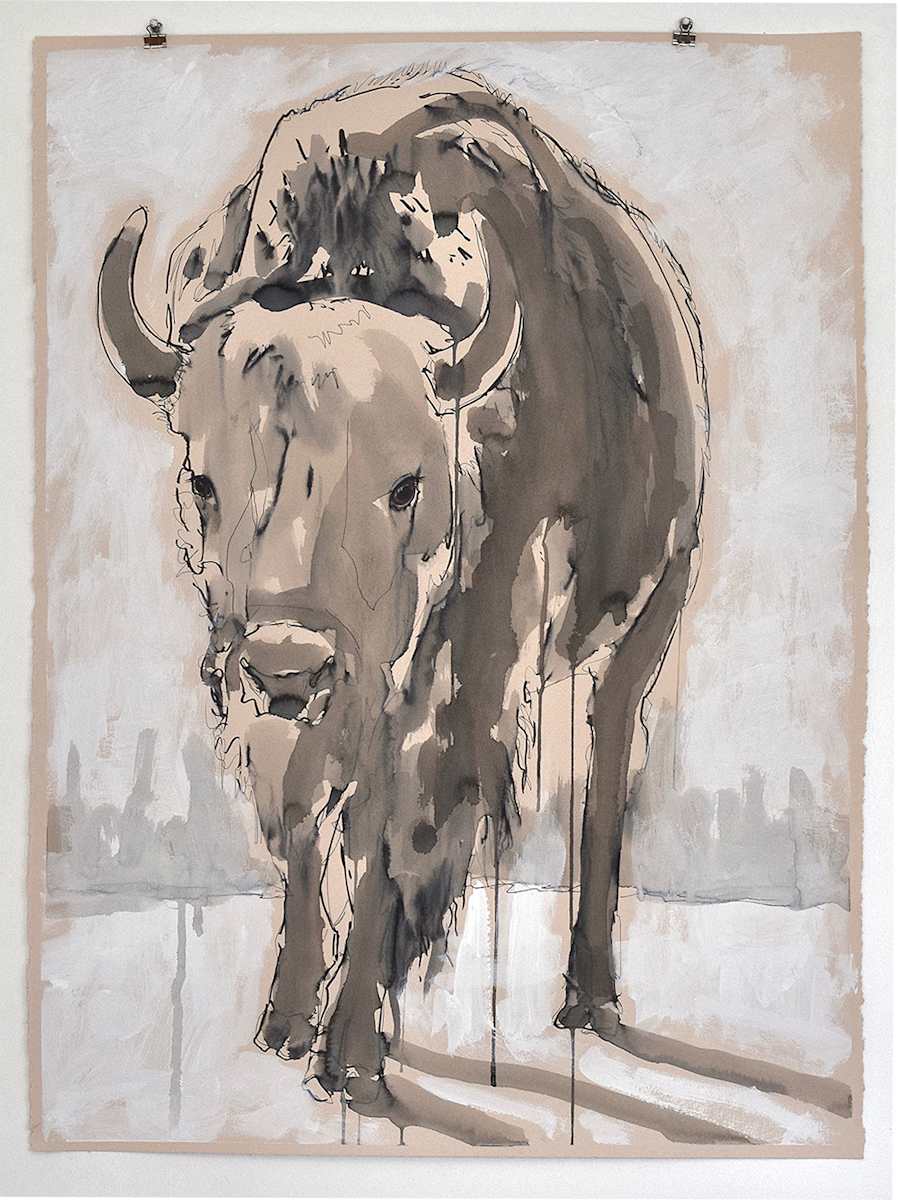 Yellowstone Buffalo. by Lynette K Henderson  Image: Yellowstone Buffalo. Ink & acrylic on paper, 30" x 22" (2024).