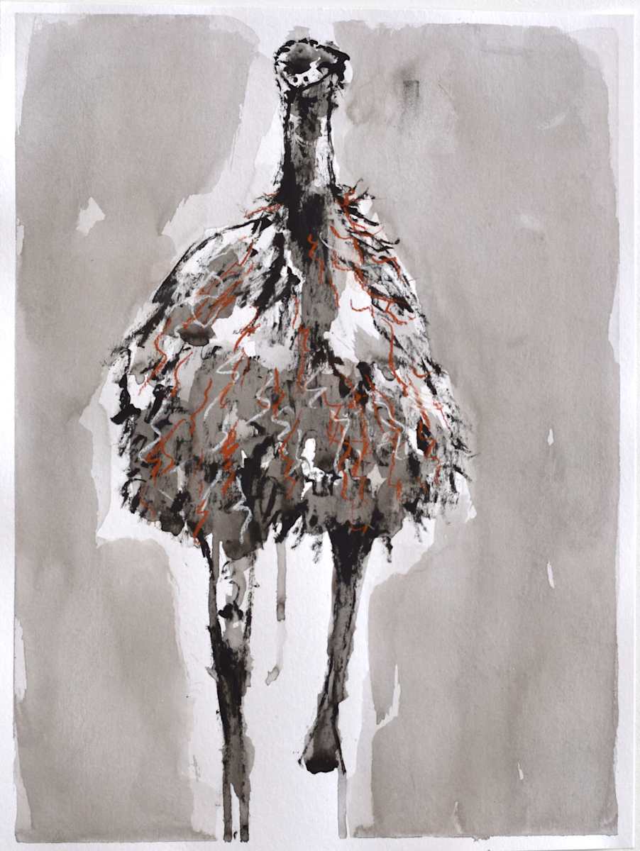 Emu Walking by Lynette K Henderson  Image: EMU WALKING. Ink, acrylic & conte crayon, 12" x9" (2024).