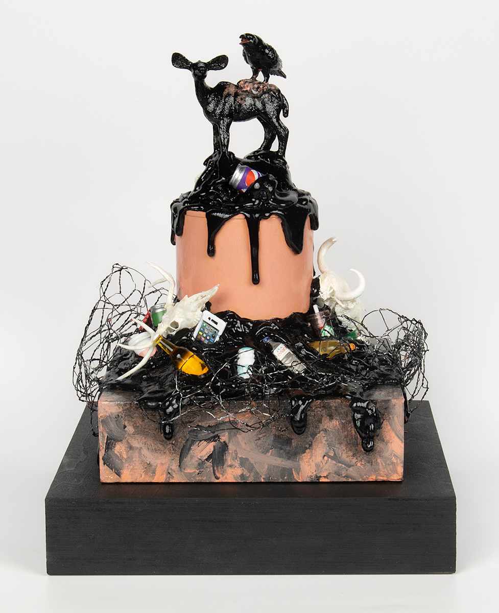Tar Pits VI: Mule Deer. by Lynette K Henderson  Image: Tar Pits VI: Mule Deer.  Wood, paper clay, glue, wire, found objects, acrylic; 9" x 6" x 7.5" (2024).