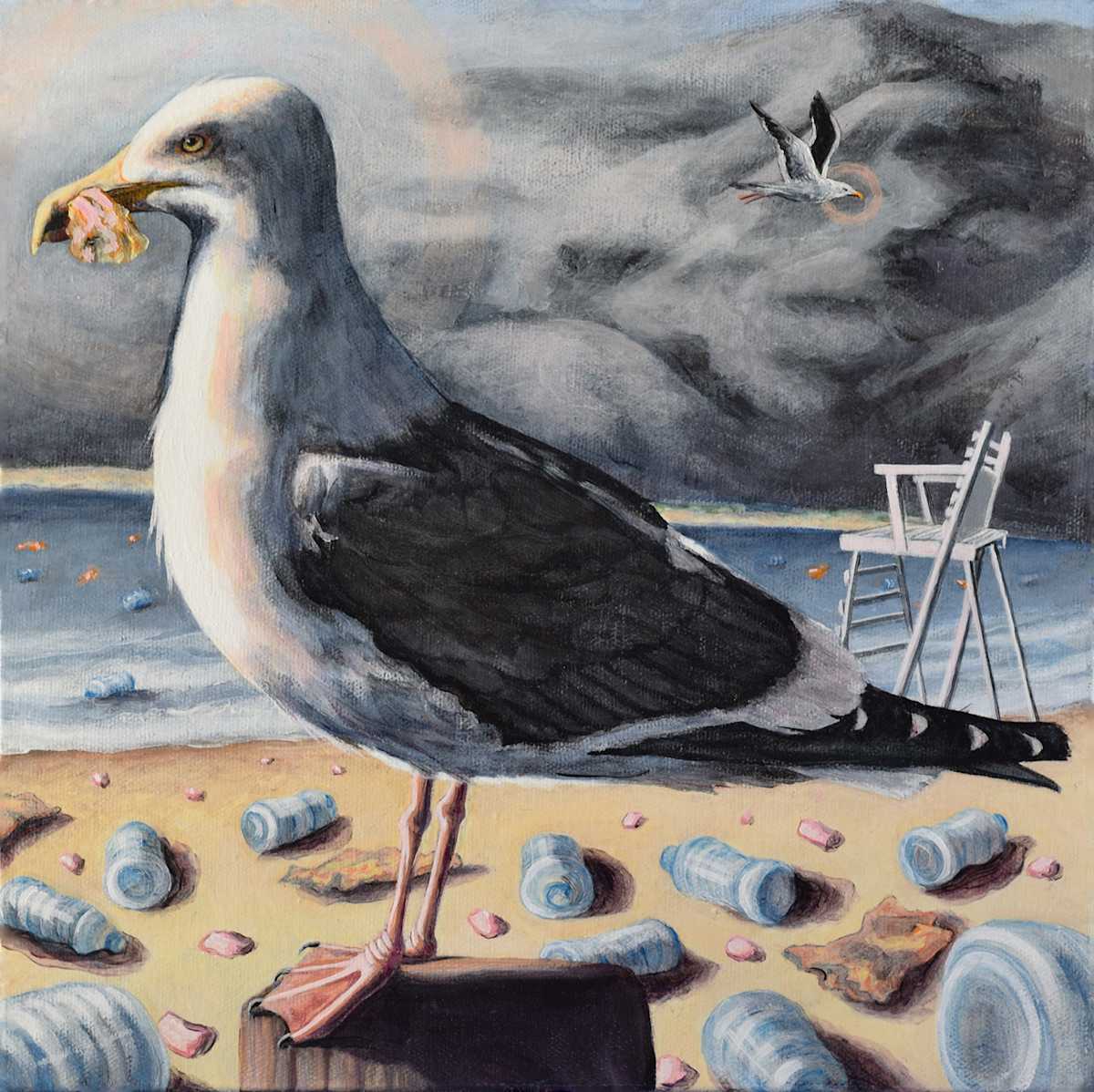Seagulls With Trash. by Lynette K Henderson  Image: Seagulls With Trash.  Acrylic on Canvas, 12" x 12" (2023).