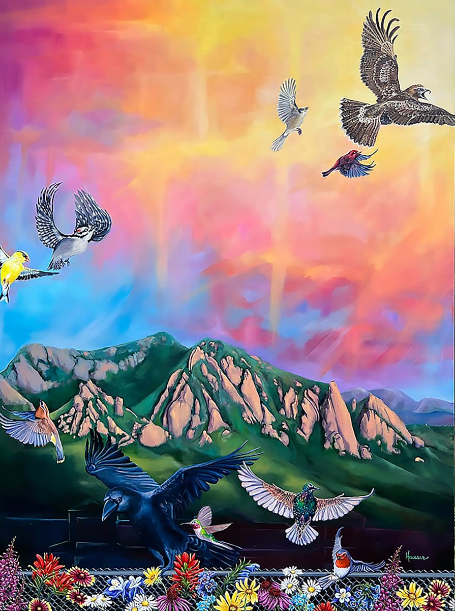 Coming Home by Sam Hauser  Image: Painted in the aftermath of the 2021 mass shooting in my hometown. These events have always deeply affected me, but having one so close to home where my family shops was world altering. There isn’t much I can do to help these situations, but I sure can paint to both move through my own emotions and honor the lives lost. Each bird represents a specific person lost that day. Half the listing price will be immediately donated to the victims relief fund.